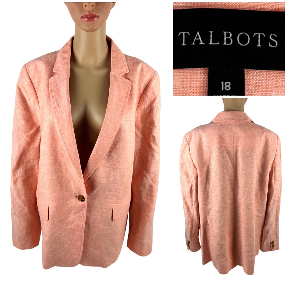 Talbots Womens 18 Blazer 100% Linen Fully Lined Salmon One Button Casual EUC